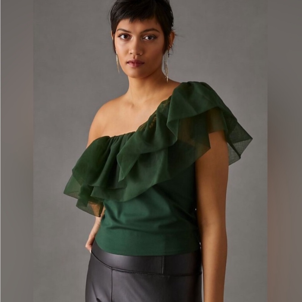 Green Ruffled one shoulder  Top - Picture 3 of 5